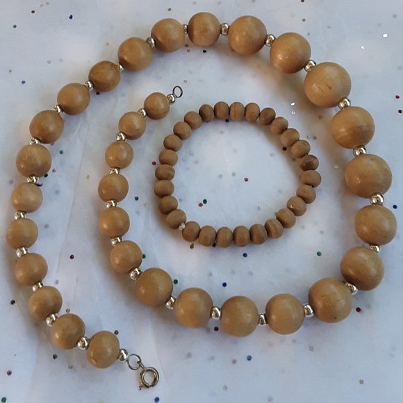 Jewelry - Wooden Bead Necklace With Wooden Stretch Bracelet Set of 2 Preowned